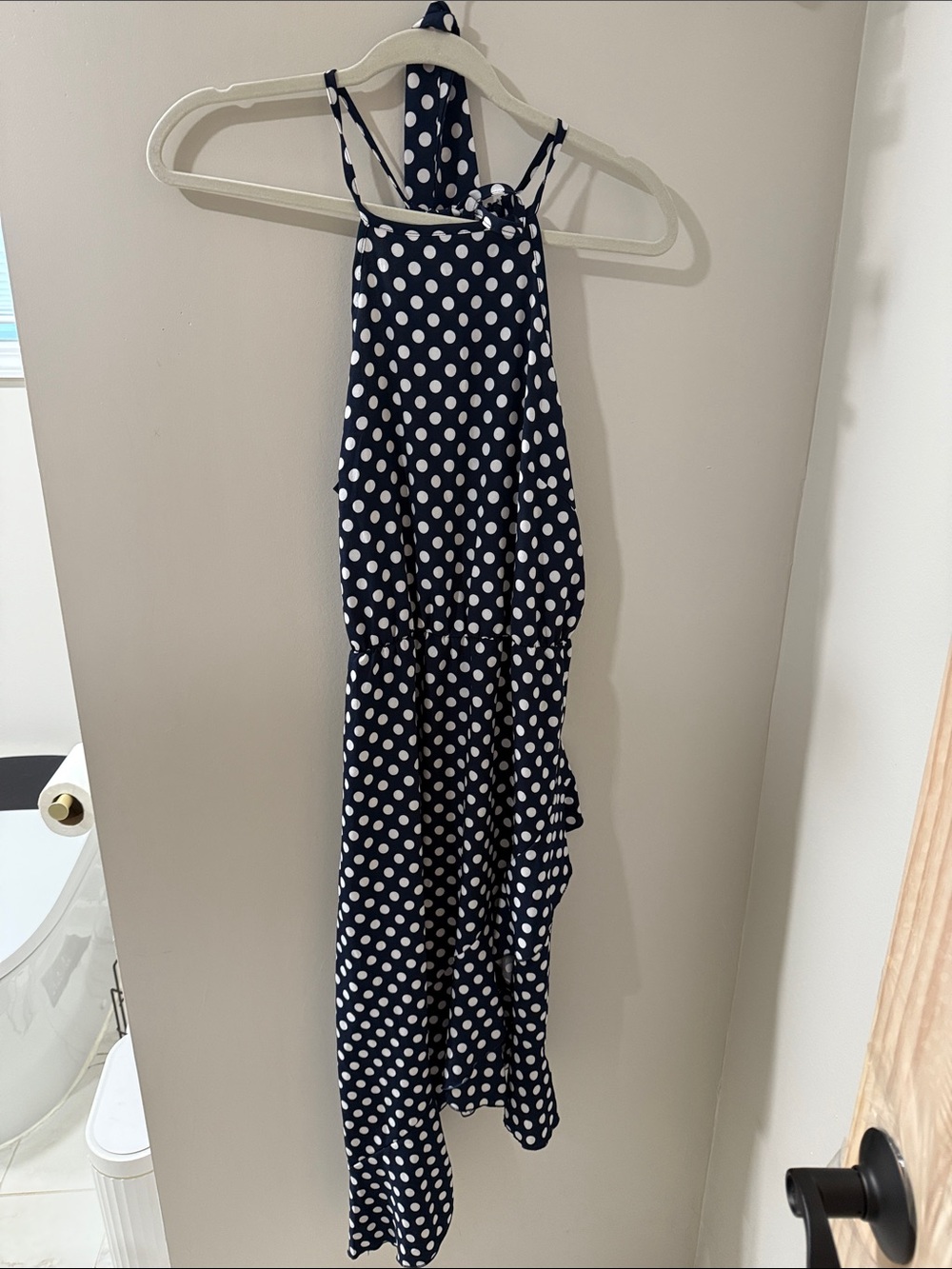 Stellah Navy and White Polka Dot Halter Jumpsuit